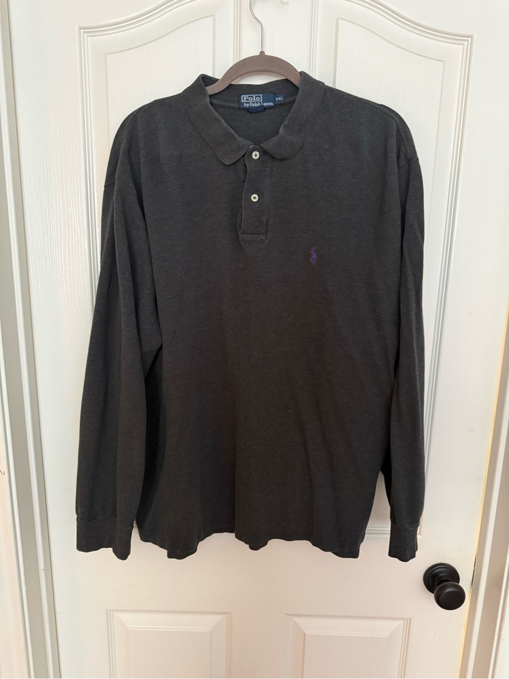 Ralph Lauren Men's Long-Sleeve Polo Shirt in Black with Purple Pony